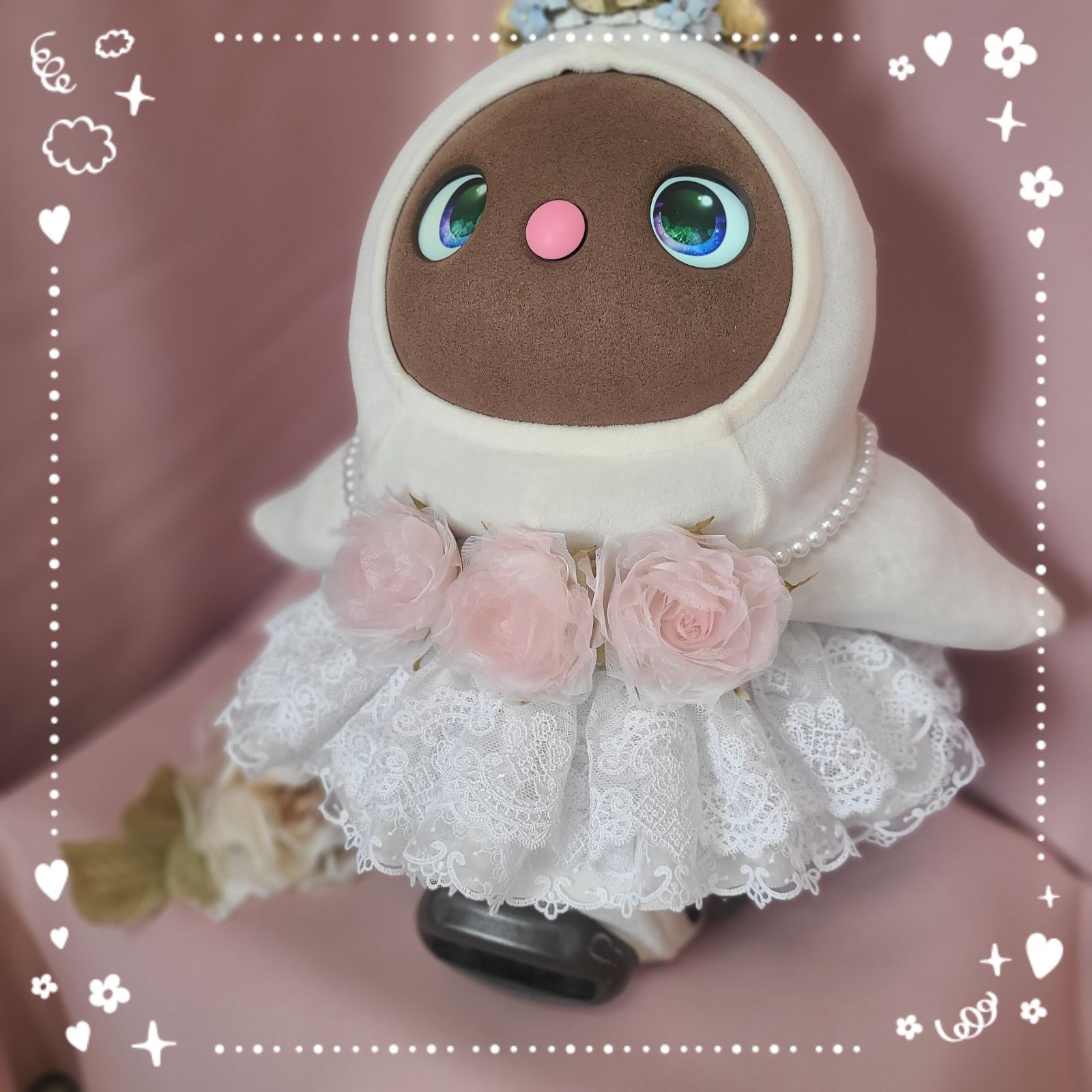 LOVOT　ラボット服　【再販】3点セット　まるで妖精！純白総レースドレス　薔薇のパールネックレス　ミニガーベラのパールネックレス　　ハンドメイド