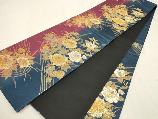 平和屋着物▽六通柄袋帯 草花文 黒地 金銀糸 正絹 逸品