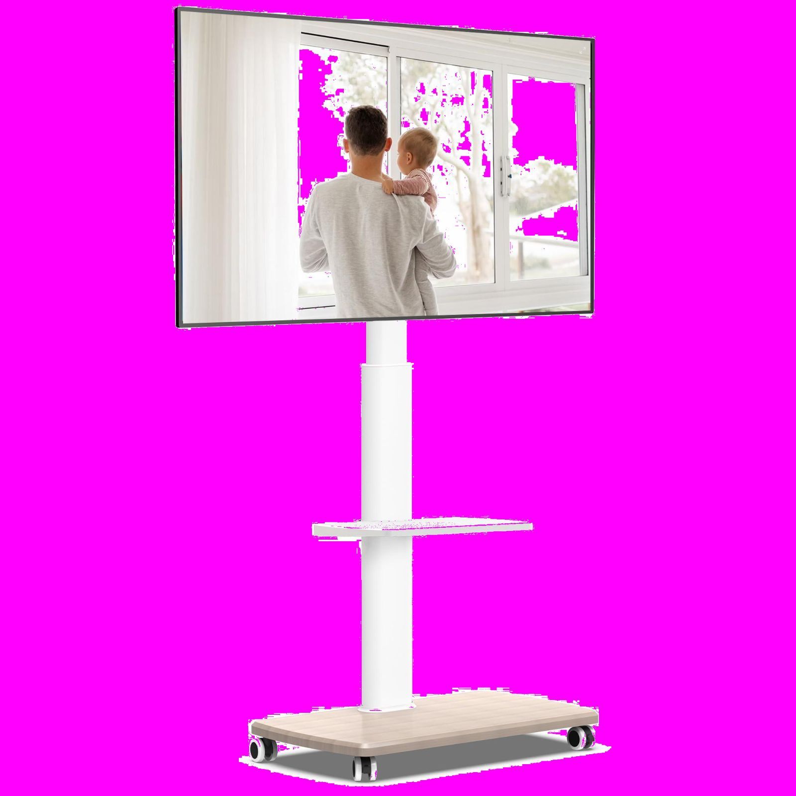 新着商品 32～70インチテレビに対応 キャスター付き 高さ角度調節 テレビスタンド 移動式 雪のように白いと温かみのあるオーク色 中段棚一枚付 FITUEYES 棚板無階段調節 TT206506WW