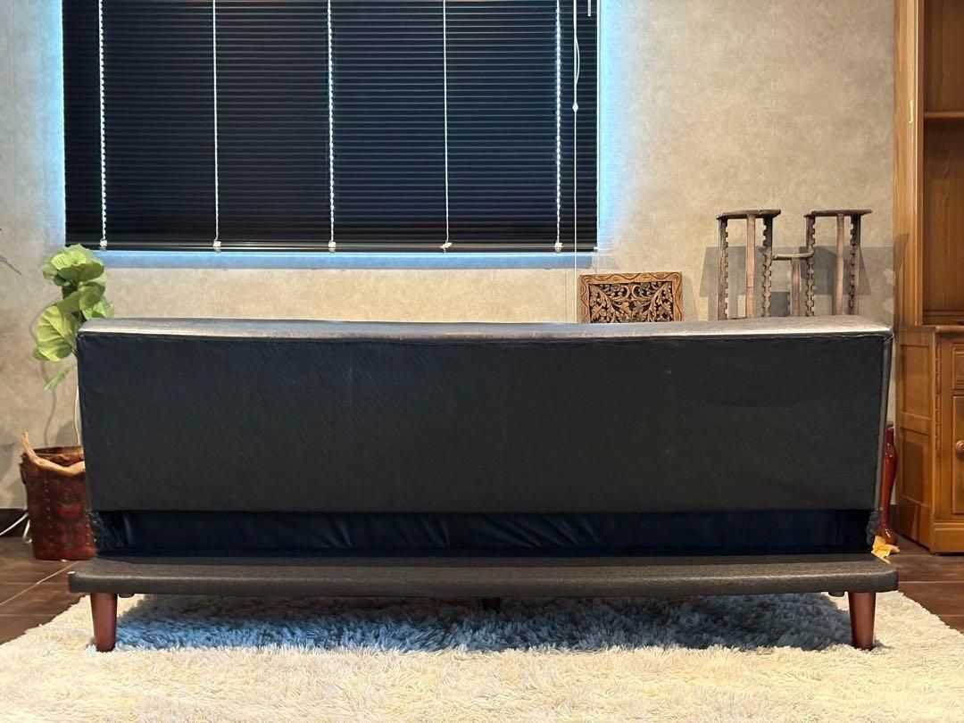 希少　3Pソファ　ソファベッド　ブラックレザー　ボタンダウン　ヴィンテージ　IH 希少 3Pソファ ソファベッド ブラックレザー ボタンダウン