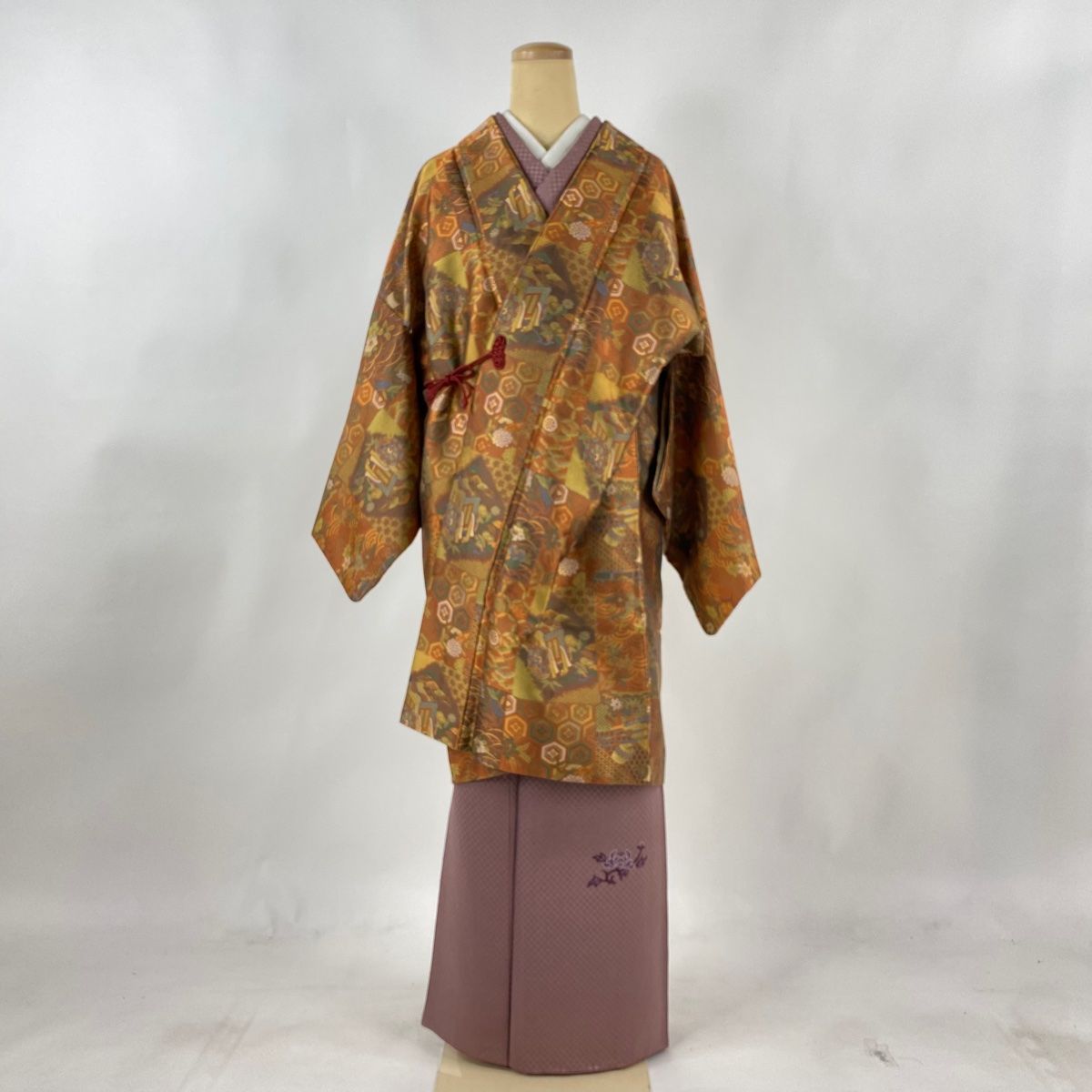 道中着 身丈103cm 裄丈68cm L 和装コート 御所車 草花 オレンジ 正絹  