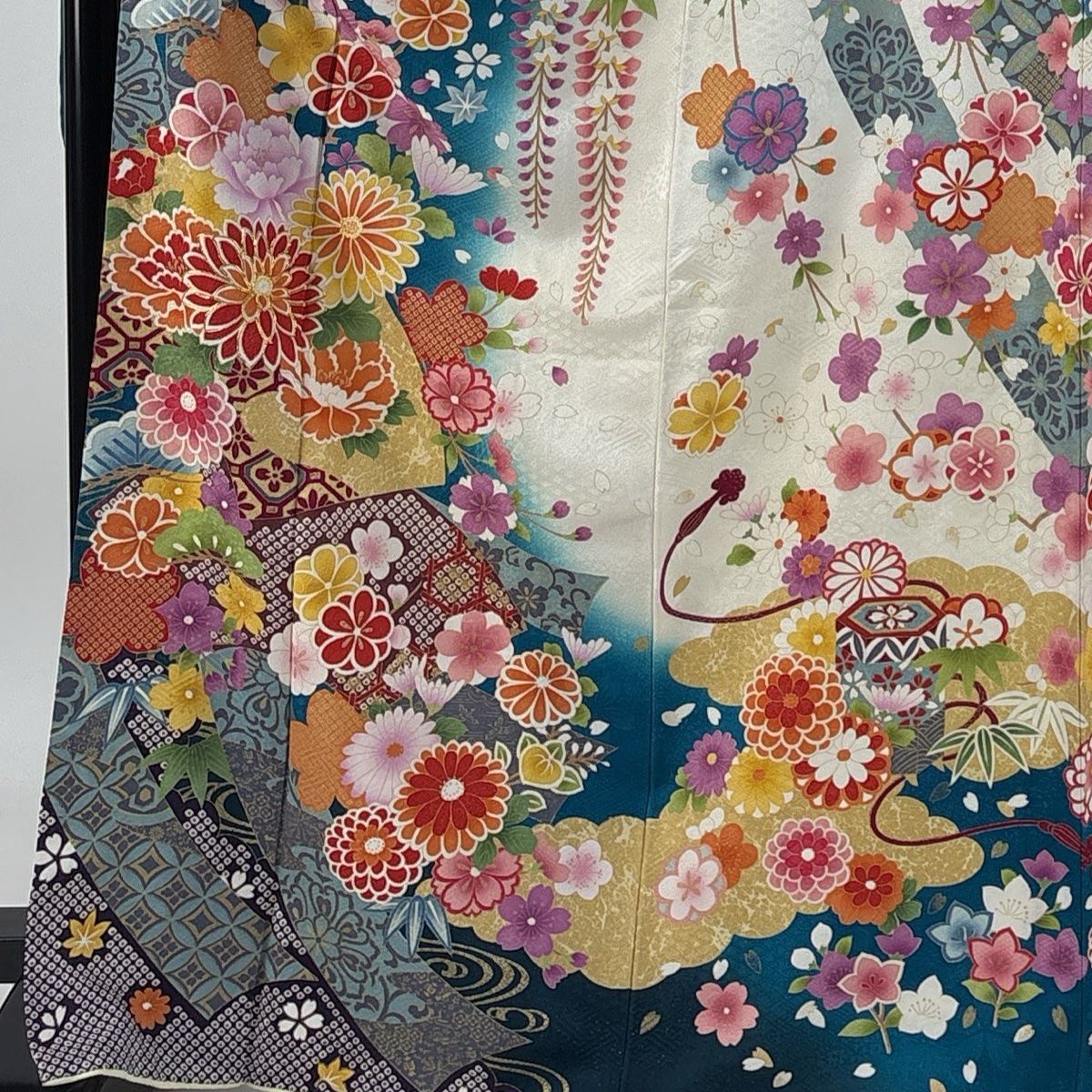 振袖 身丈169cm 裄丈67cm M 袷 草花 短冊 銀通し 金彩 青緑 正絹