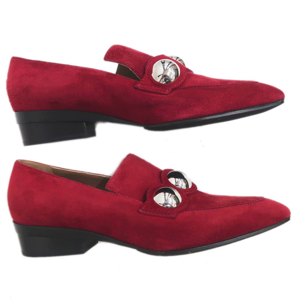 名東】【HERMES】エルメス スタッズ パンプス 37 赤系 スウェード