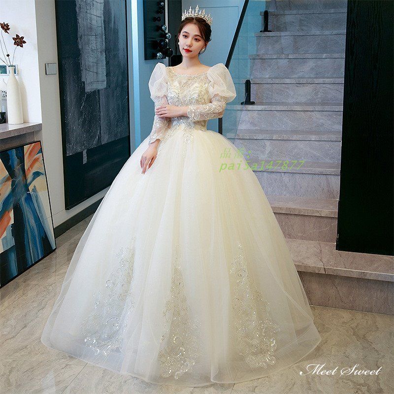 ウェディングドレス ロングドレス プリンセスラインドレス 長袖 パフスリーブ 二次会 ブライダル ウエディングドレス 結婚式 前撮り 挙式 チュール 花嫁 pai5a147877