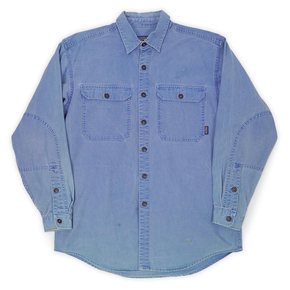 パタゴニア PATAGONIA 90s 90年代 コットンダック ワークシャツ エルボーパッチ 無地 珍品 旧タグ アウトドア USA ヴィンテージ ビンテージ VINTAGE アメリカ 古着 メンズ シャツ ブルー 青 M【中古】