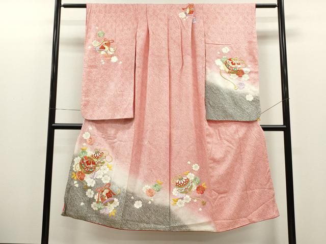 七五三 7歳 女の子 セット 着物 正絹 0718 朱色 刺繍 牡丹 菊 絞り