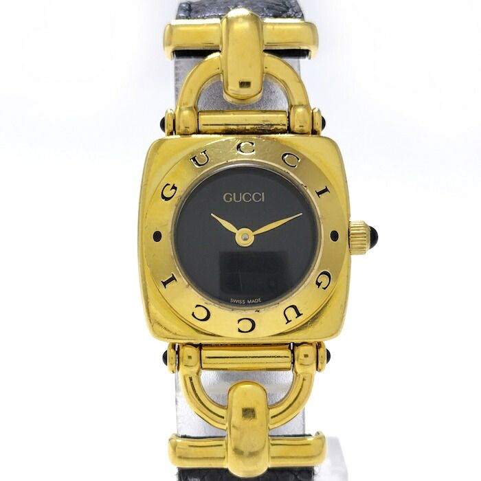 GUCCI レディース腕時計 ホースビット レザーベルト クオーツ ブラック文字盤 6300L