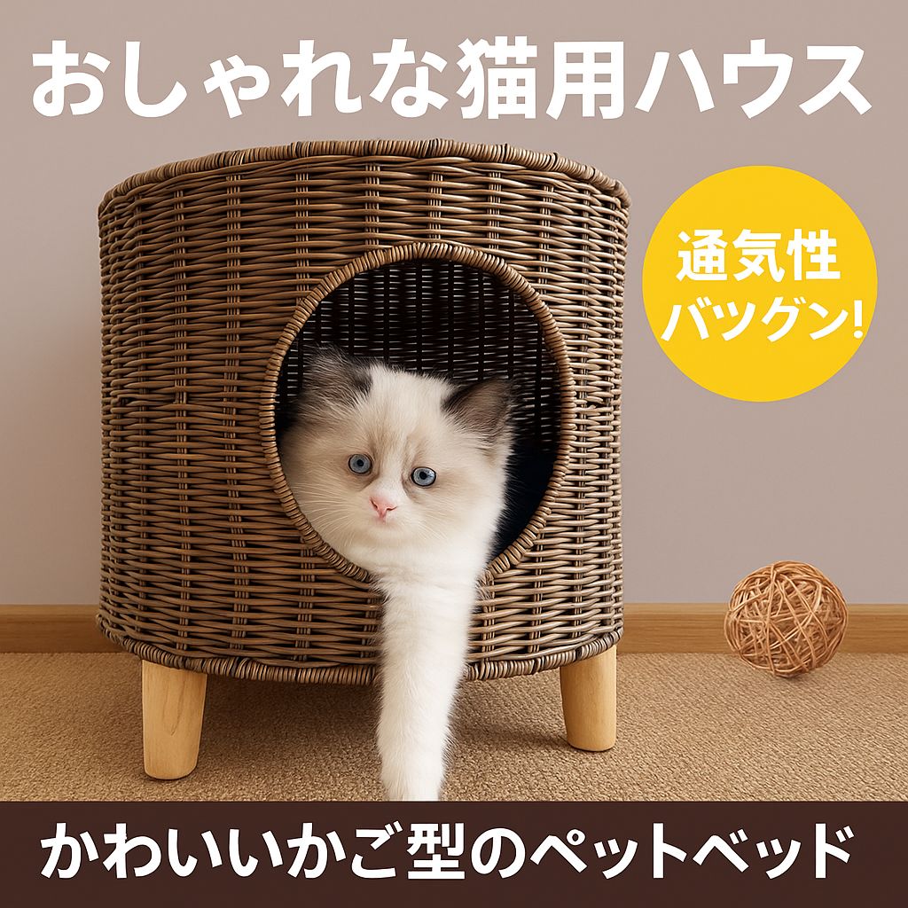 ラタン ウッド 手織り キャットハウス 藤編み 猫ハウス 二層構造 ベッド付 ca610