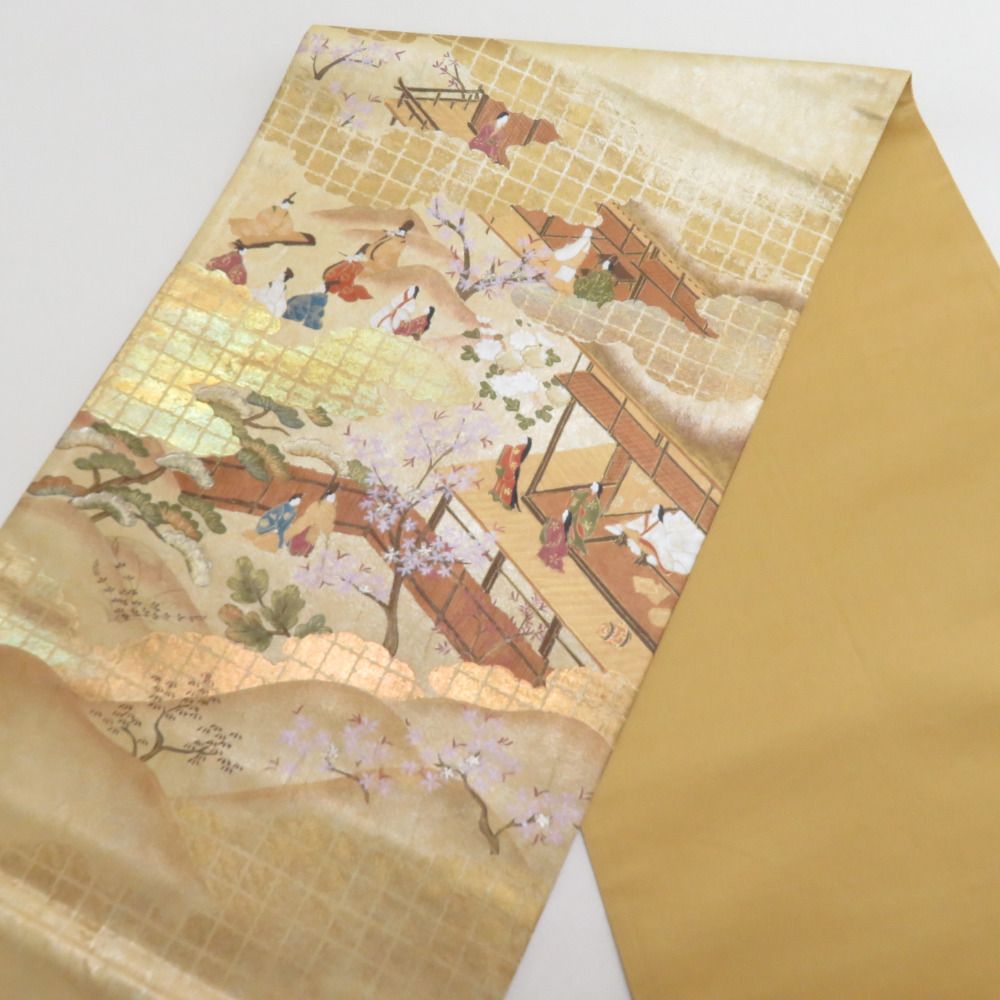 袋帯 平安絵巻文様 金糸 箔入り 金色ｘ多色 六通柄 お太鼓柄 正絹 フォーマル 仕立て上がり 着物帯 長さ440cm 【キモノオフ野々市若松店】 袋帯 平安絵巻文様 金糸 箔入り 金色x多色 六通柄 お太鼓柄 正絹