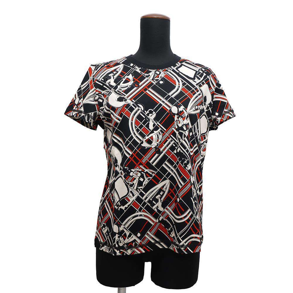 エルメス Ｔシャツ 無秩序 エ シェーヌ プリント 半袖Tシャツ コットン レディースサイズ38 HERMES アパレル 黒 トップス