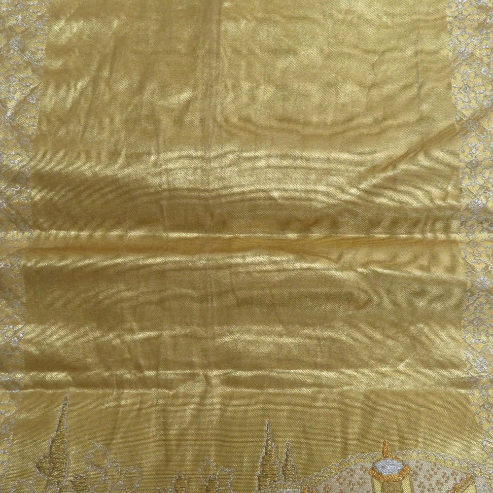 袋帯 繻珍織 本金 金糸銀糸 トルコ風景文様 六通柄 ゴールド色 正絹