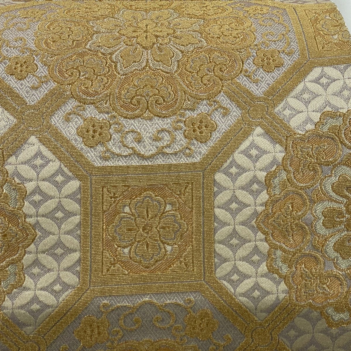 袋帯 名品 蜀江華文 金糸 箔 ベージュ 六通 正絹 【中古