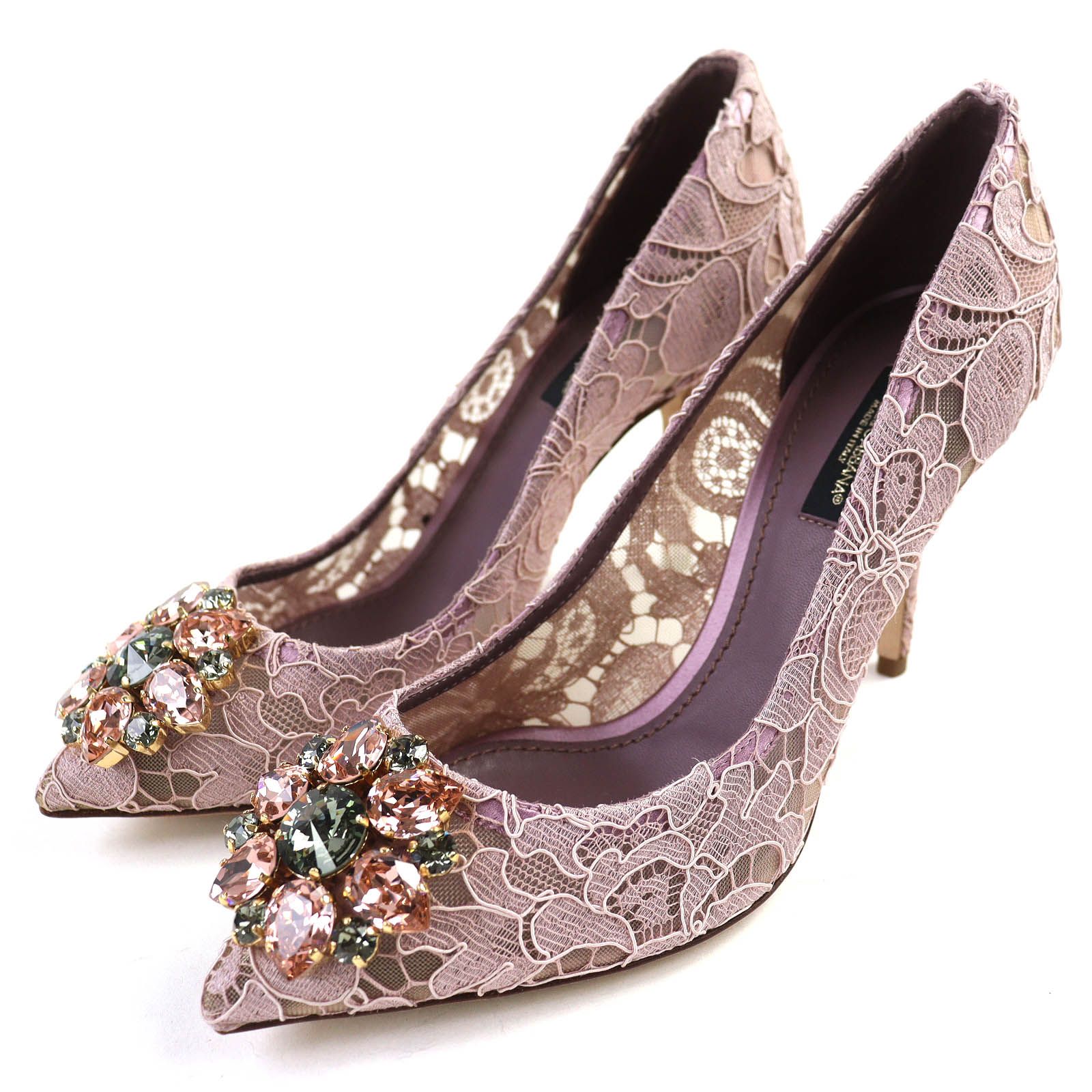 ♥品△DOLCE-GABBANA ドルチェ＆ガッバーナ サテン タオルミナレース クリスタル付き ポインテッドトゥ パンプス ピンクパープル系 37 箱 保存袋付き イタリア製 レディース 定価156 200円