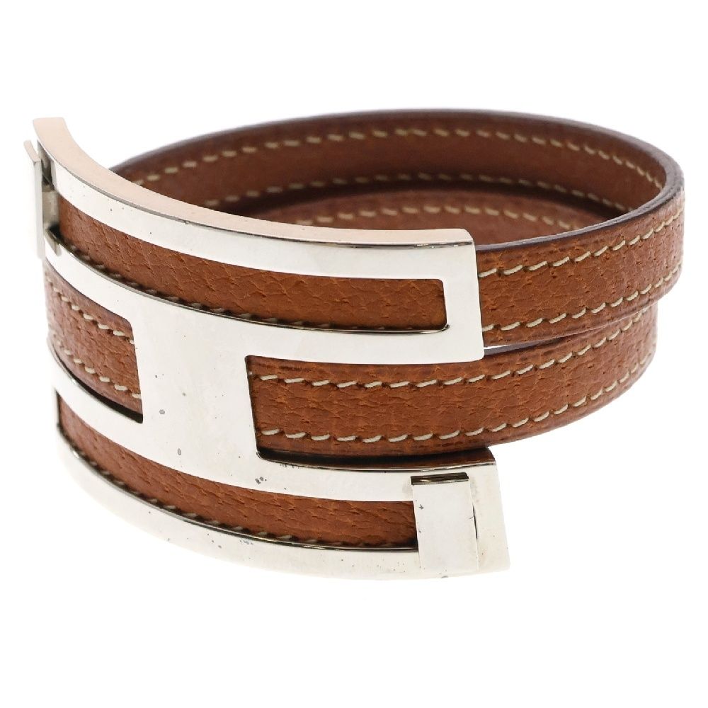 【HERMES】レザーブレスレット　シルバー　ブラウン　バングル　プスプス HERMES (エルメス) プスプス バングル ブレスレット ブラウン レザー
