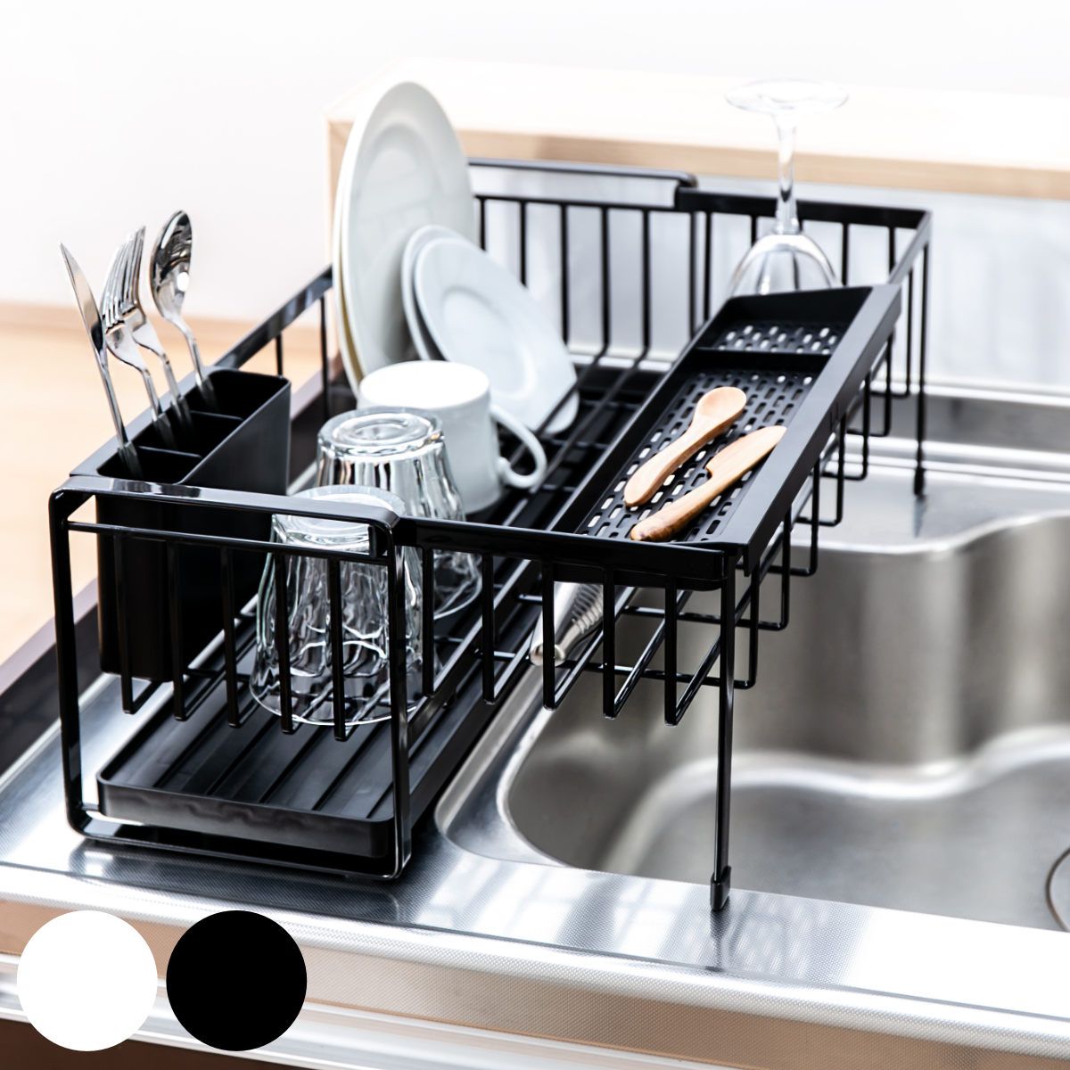 山崎実業 tower 水切りラック スペース広がる 伸縮 1段 スチール タワー タワーシリーズ 水切りカゴ 水切り 大容量 コンパクト 水切りかご 水切りバスケット 折りたたみ シンク上 スリム シンク横