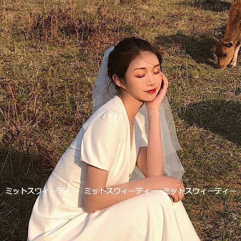 ウエディングドレス 二次会 花嫁 前撮り 半袖 ウェディングドレス ロングドレス 結婚式 カジュアル 大人 エレガント 白 シンプル リ
