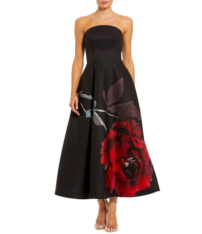 Mac Duggal Women's Crepe Printed Strapless Midi Dress