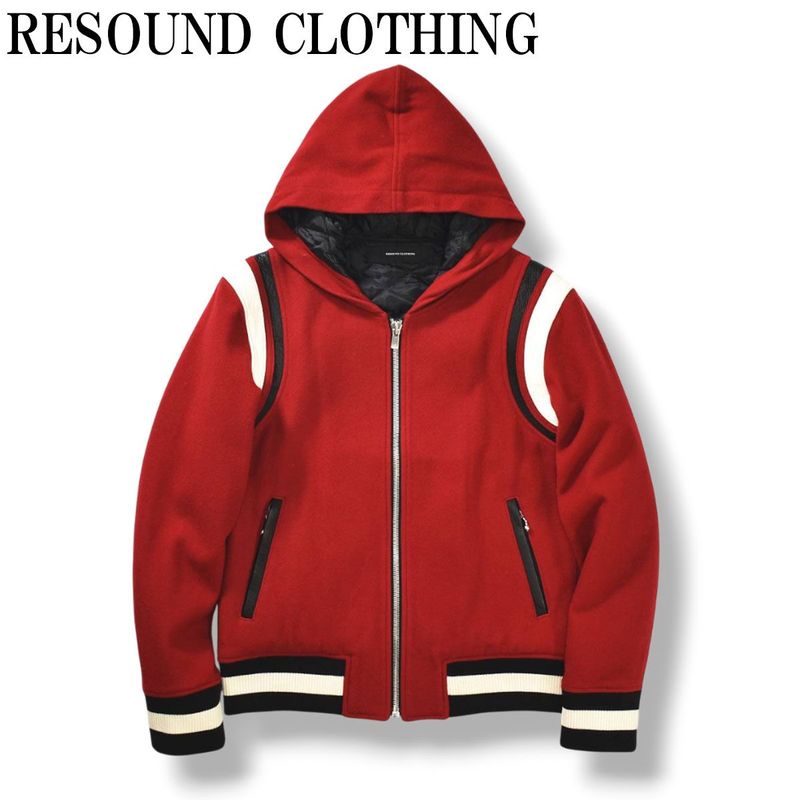 Made in Japan by RESOUND CLOTHING: Melton wool hooded varsity jacket with leather accents.Jackets Men's Deerskin Jacket/Baller Jacket with Quilted Lining, Size 2, Red