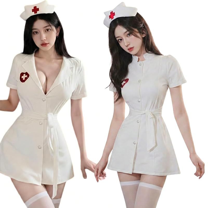 [Brand New] [BeLoved] Nurse Uniform Set - Nurse Dress Costume - White & Pink Outfit - Cute Nurse Uniform - Adult Women's Costume - Adorable Gift - Cosplay Outfit - Women's Fancy Dress Costume Halloween Christmas Ru 0