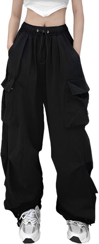 Four leaf Cargo Pants Women's Adult Cute wide-leg casual pants with elastic waistband, jogger pants, bottoms, trousers, balloon pants, baggy pants, parachute pants, easy pants (Black, L)