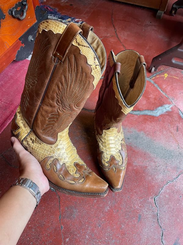 Adams Boots パイソン×レザー ウエスタンブーツ(ブラウン・US8E/26〜26.5cm相当・メキシコ製)