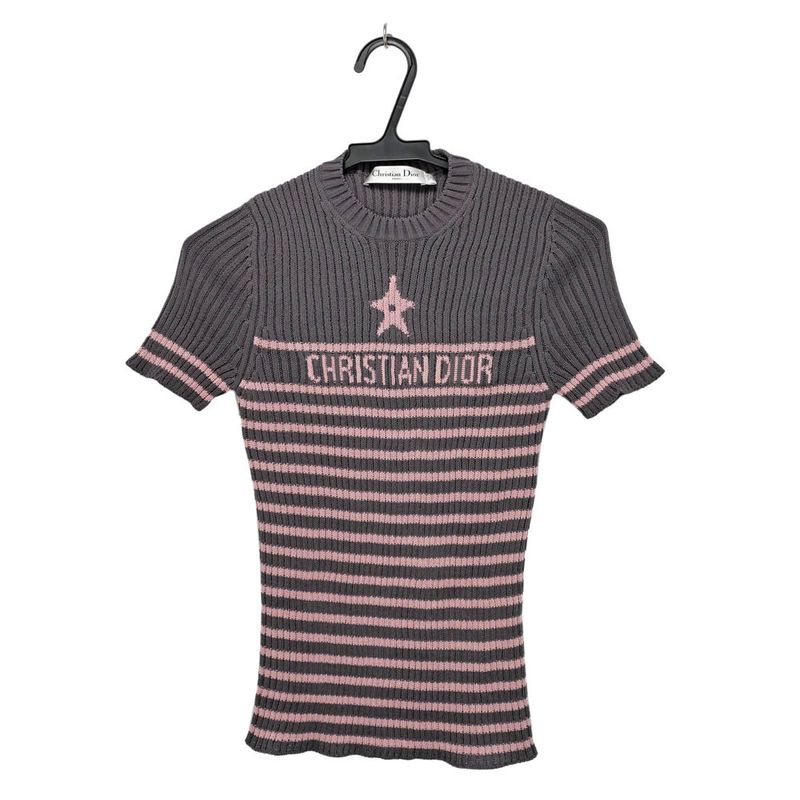 [Meito]Christian Dior Short-sleeved knit Dioliviera striped top, size 36, gray and pink, cashmere, women's apparel, women's clothing.