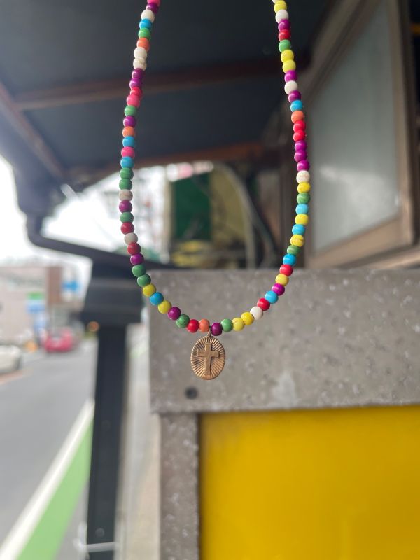 GAW multicolour bead necklace with cross charm (adjustable 40–45 cm)
