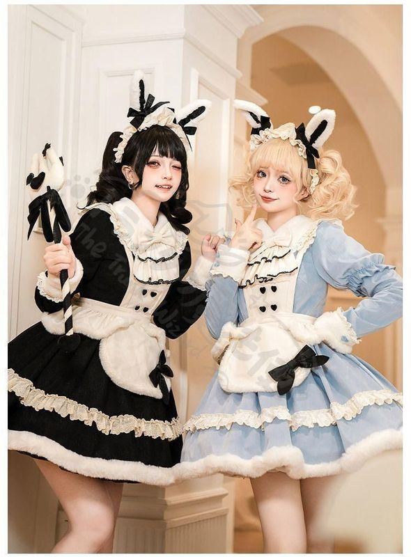 New Year's and Christmas cosplay costumes, twin theme design, Lolita One Piece Set Doll Wind-design velvet dress + waist bell black/blue. Cute ladies' dress, perfect for events, photoshoots, and as a gift. CCJS1202P249
