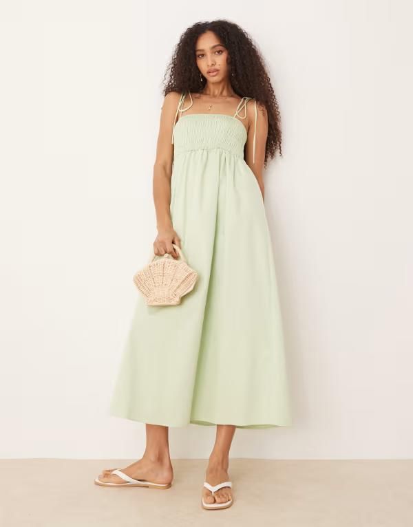 ASOS Women's Tops One Piece Midi One Piece Midi Cotton ASOS DESIGN shirred bust cotton poplin midi dress in sage Sa