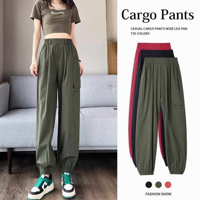 Women's Jogger Pants, Cargo Pants, High-Waisted Long Pants, Loose Fit, Solid Color, Elastic Waistband Belts Wide-legged trousers with loops for women (adults) skwbeining02