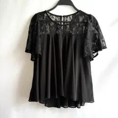 半袖ブラウス　袖フリル　レース　黒　ブラック　M フレア　チュール　透け感
