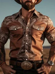 シャツ メンズ ヴィンテージ ウエスタン デニム 長袖シャツ 100%ポリエステル 幾何学模様 オールシーズン レギュラーフィット ラペルカラー ストレッチの効いた織物 ポケット付き 男性 メンズファッション カウボーイ ペイズリー柄 ブラウン