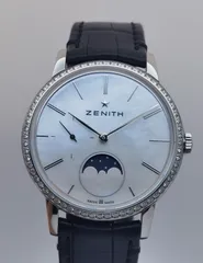 中古 ゼニス ZENITH エリート ウルトラ シン レディ ムーンフェイズ 16.2320.692 シェル文字盤 ダイヤベゼル SS レディース 自動巻 腕時計のサムネイル