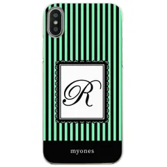 【新品未使用】iPhone11 Pro Max アイフォン11プロマックス クリア ハードケース ( ストライプグリーン  イニシャルR ) ボーダー ストライプ イニシャル アルファベット