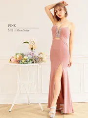 ピンク [AR24323-YE-2404]【Angel R/エンジェルアール】Vカットビジューデザイン/ ラメ/ キャミソール/ スリット/ タイト/ ロングドレス/ キャバドレス long/ ロングワンピース/ ナイトドレス