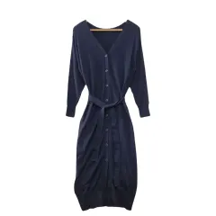 NANO UNIVERSE ネイビー ボタン ロング ワンピース スリムフィット F レーヨン