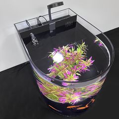 フィルター収納コンパートメントと黒背景付きコンパクト半円形アクリル水槽 - 魚・エビの飼育に最適 家庭やオフィスのデスクデコレーションにぴったり