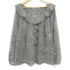コムサイズム COMME CA ISM シャツ ブラウス 長袖 Vネック フリル シースルー 総柄 オーバーサイズ M 黒 ベージュ ブラック /FF12