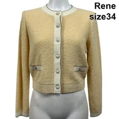 ◆ ルネ Rene ニット セーター カーディガン 長袖 ボタン付き 白 クリーム色 毛 綿 34 XS 5号 レディース S5V423
