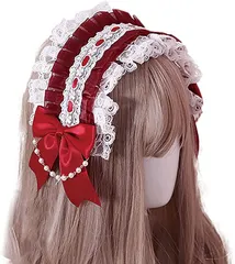 MORY TRADE morytrade カチューシャ ヘッドドレス 髪飾り レディース コスプレ リボン ゴスロリ ロリータ レース(ワインレッド)