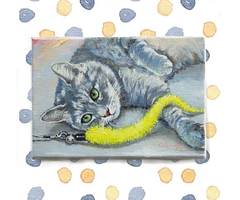 【一点物】『　モフモフ猫じゃらし（サバトラ）　』サムホール　油絵　手描き　油彩　インテリアアート
