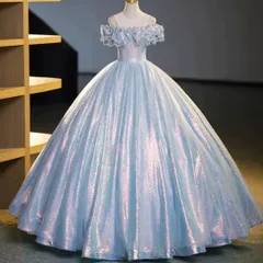 スパンコールがゴージャスなフリルのオフショルのロングドレス