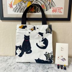 お手軽猫柄ミニトートバッグ 白と青緑 ハンドメイド 手さげ