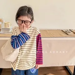 長袖　Tシャツ　ロンT  トップス  子供服　ベビー服　ボーダー　カジュアル　配色切り替え　男の子　女の子　韓国　120 130