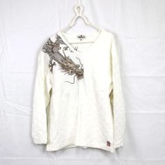 F-0064　絡繰魂　和柄　龍　ロングTシャツ　Vネック　白　XLサイズ