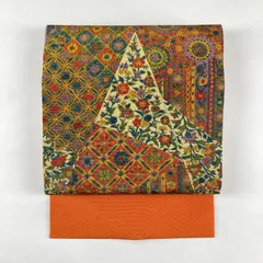 たんす屋 TANSU-YA 中古 リユース帯 名古屋帯 オレンジ マルチカラー カジュアル 縮緬 染め 和更紗文様 絹 未洗い MS4202