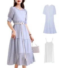 キャミ+ワンピース+紐ベルト３点セット ロングワンピ サマ白ワンピースピース ミモレロング ふんわり オフホワイト 半袖マタ二ティオーバーサイズキャミわんぴーすセットアップ 夏 レディース 白ワンピース [Collecala]