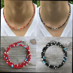 40cm ネイティブカラー ビーズネックレス【2set】Red&Black