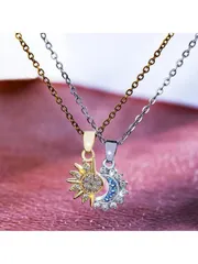 ジュエリー レディース ネックレス セット 高級感あふれる カップルペンダントネックレス2本セット、ゴールドの太陽と シルバーの月、ステンレススチールチェーン、合成キュービックジルコニア付き、カップル、デイリーウェ