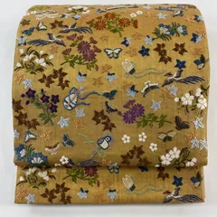 【美品】 袋帯 秀品 紬地 楽器 草花 刺繍 箔 黄土色 六通 正絹 【中古】